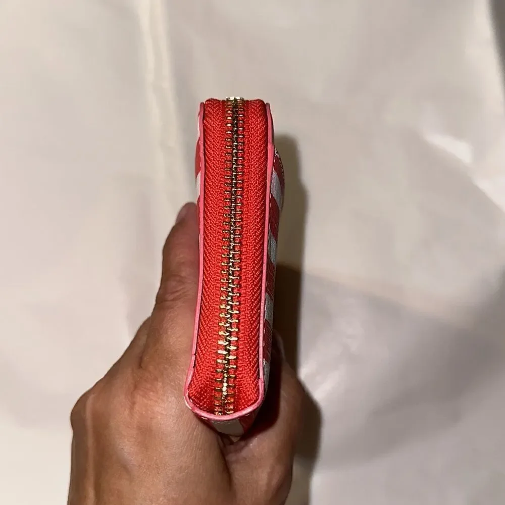 kate spade White Coral Pink Stripe Zip Around Leather Wallet